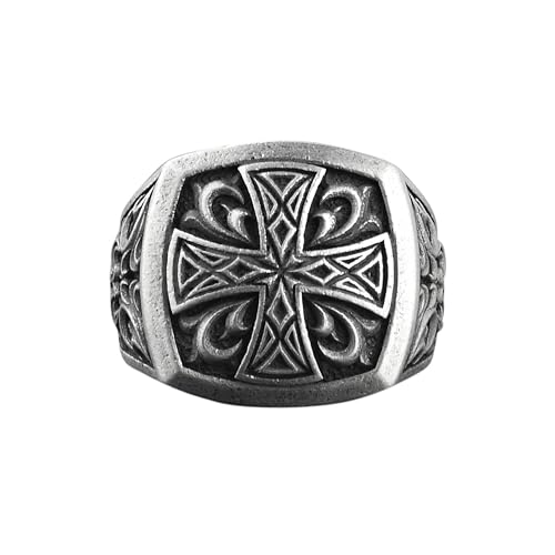 BySilverStone - Floral Maltese Cross Signet Ring for Men, Silver Victorian Style Jewelry