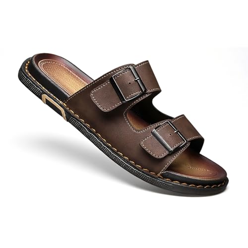 Men's Leather Flat Slides Sandals with Adjustable Buckles Casual Comfort Open Toe Anti-Slip Soft Sole Slip On Slippers for Summer Indoor Outdoor Walking Beach Sandals