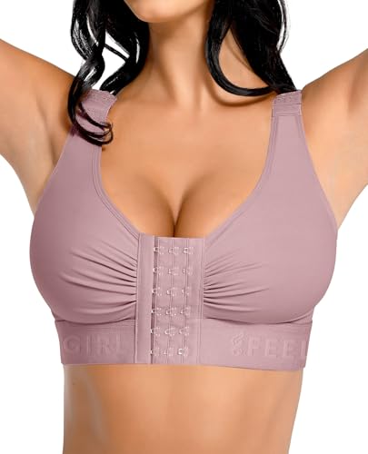 FeelinGirl Women Front Closure Post Surgery Compression Everyday Bras for Breast Implant Support with Adjustable Straps Wirefree Purple L