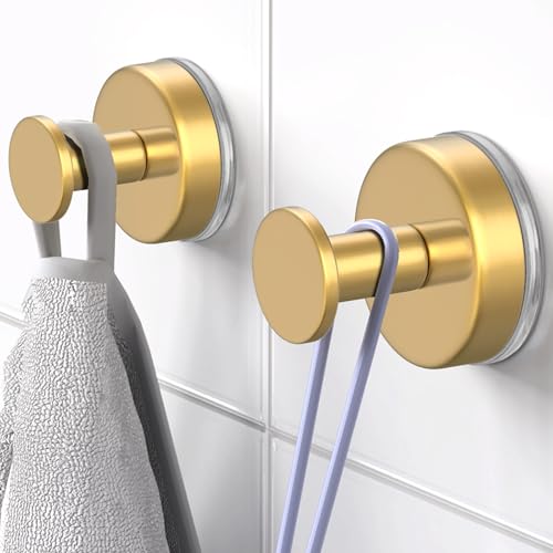 Image of HUFEEOH Suction Cup Hooks for Shower, Suction Hooks Wall Hanger for Hanging, Removable Towel Holder for Bathroom, Kitchen, Glass Door, Mirror, Tile (2 Pack O Shape - Gold)