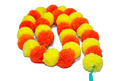 Image of Artificial Marigold Flowers | Genda Phool for Decoration | Genda Phool Mala | Marigold Garland (5 Pieces) (Yellow + Orange)