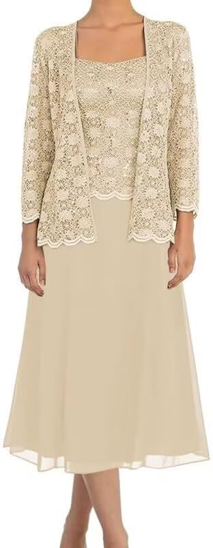 2 Piece Mother of The Bride Dresses Tea Length - Women's Long Sleeve Chiffon Lace Formal Dress for Wedding with Jacket