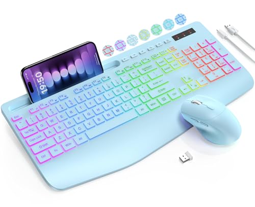 Wireless Keyboard and Mouse Combo, 9 Backlit Effects, Wrist Rest, Phone Holder, 2.4G Lag-Free Ergonomic Keyboards, Rechargeable Silent Cordless Set for Computer, Laptop, Mac, Windows -SABLUTE (Blue)