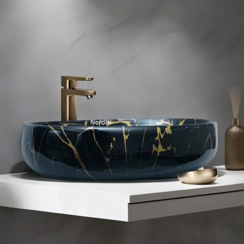 Image of Designer Counter Top Wash Basin | Tabletop Ceramic Bathroom Sink | Wash Basin Over Counter | Wash Basin For Bathroom, Living Room (24 x 15 x 6 Inch) (Black Gold Jelly)