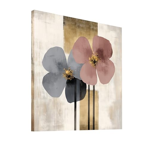 Image of PAINTINGMANTRA Modern Floral Abstract Stretched Canvas Painting for Living Room | Minimal Botanical Bloom Wall Decor Art For Livingroom, Bedroom, Office, Hallways - 16x16 Inch