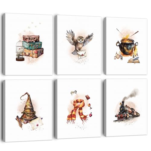 BINCUE Magische Eule Leinwandbild Magischer Fliegender Besen Wandkunst Leinwand-Wandkunst für Kinderzimmer Magisches Buch Eulen-Umschlag Bild für Baby-Schlafzimmer Wanddekoration 27x32CM