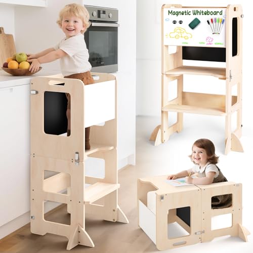 Woodure 4-in-1 Toddler Kitchen Step Stool, Foldable Learning Standing Tower