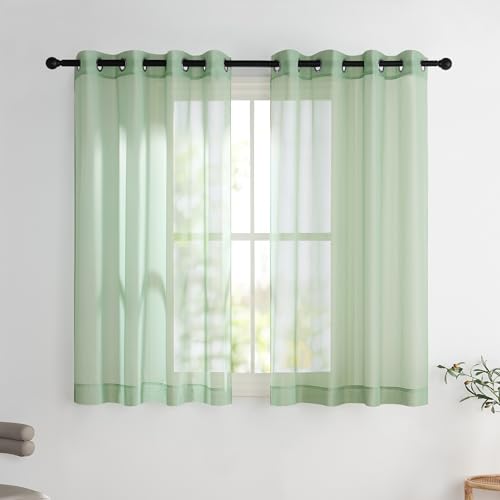 PONY DANCE Net Curtains for Windows 45 drop, Mint Green Voile Panels Eyelet Top Semi Transparent Short Sheer Curtains for Kitchen/Living Room, Lightweight Window Treatment Set of 2, 54 x 45 inches