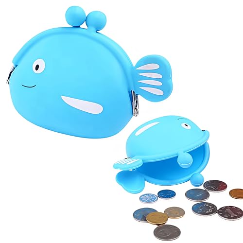 Image of FunBlast Cute Fish Shape Silicone Coin Purse for Kids & Adults - Mini Pouch for Coins, Earphones, Keys & Small Essentials, Aesthetic Pouches for Girls & Women - 12 X 9.5 X 3 Cm (Sky Blue)