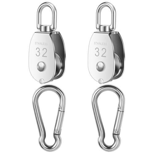2 PCS 304 Stainless Steel M32 Silver Single Pulley Block Wire Rope Hanging Wire Towing Wheel, Lifting Crane Pulley, with 2 PCS Spring Snap Hook