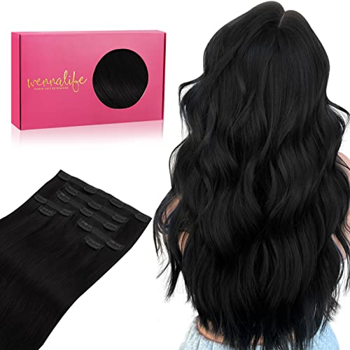 Image of WENNALIFE Lace Seamless Clip in Hair Extensions Human Hair 7pcs Ultra Invisible 50% Thinner Seamless Clip Ins Jet Black Natural Remy Hair 14 inch
