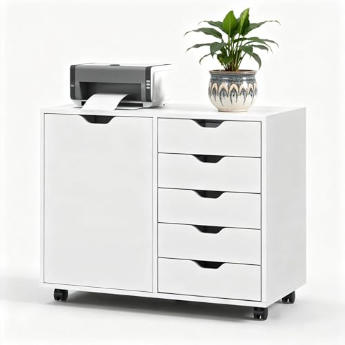 5-Drawer Wood Drawer Cabinet, Office Storage Cabinet with Adjustable Shelf & Wheels, Printer Stand...