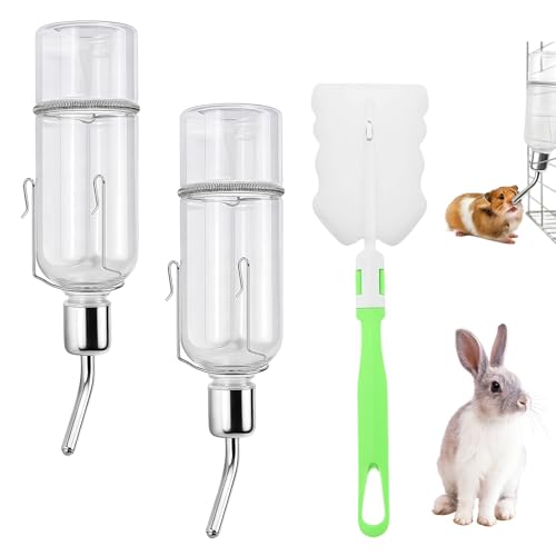 Botella de Agua Conejo, 2 Piezas Bebedero Colgante para Mascotas, 350ml Dispensador de Agua para Hámsters, Conejos, Cobayas, Erizos y Otros Pequeños Animales con Soporte