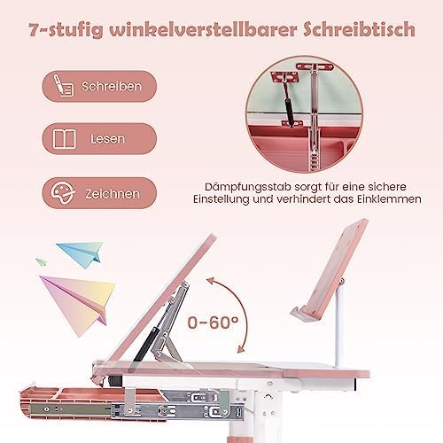 Generisch Student Desk 51-73 cm Height Adjustable, Children's Desk with Tilting Table Top, Book Stand, Drawer & Measuring Ruler, Ergonomic Youth Desk for 3-12 Years Children (Pink)