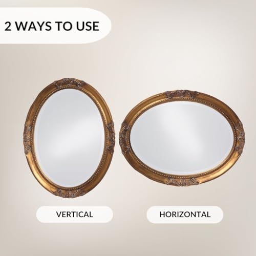 Image of Howard Elliott Collection Queen Ann Oval Antique Gold Leaf Wall Mirror, Oval Bevelled Hanging Wood Framed Vanity Mirrors for Home Decor, Living Room, Bathroom, Bedroom, or Hallway, 25 x 33 Inch