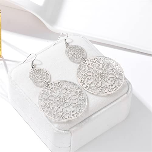 Maloyanve Filigree Disc Drop Earrings For Women Girls Delicate Double Hollow Out Round Disc Statement Earrings Bohemian Metallic Disc Dangle Hook Earrings (Silver) #TOP1