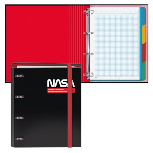 Dohe - Ordner mit 4 Ringen mit Nachfüllung, 100 Blatt, A4, Gummiverschluss, 4 farbige Trennblätter, Dokumententasche, Papier 90 g/m², Kompressor, Schulmaterial - NASA Black - Schwarz