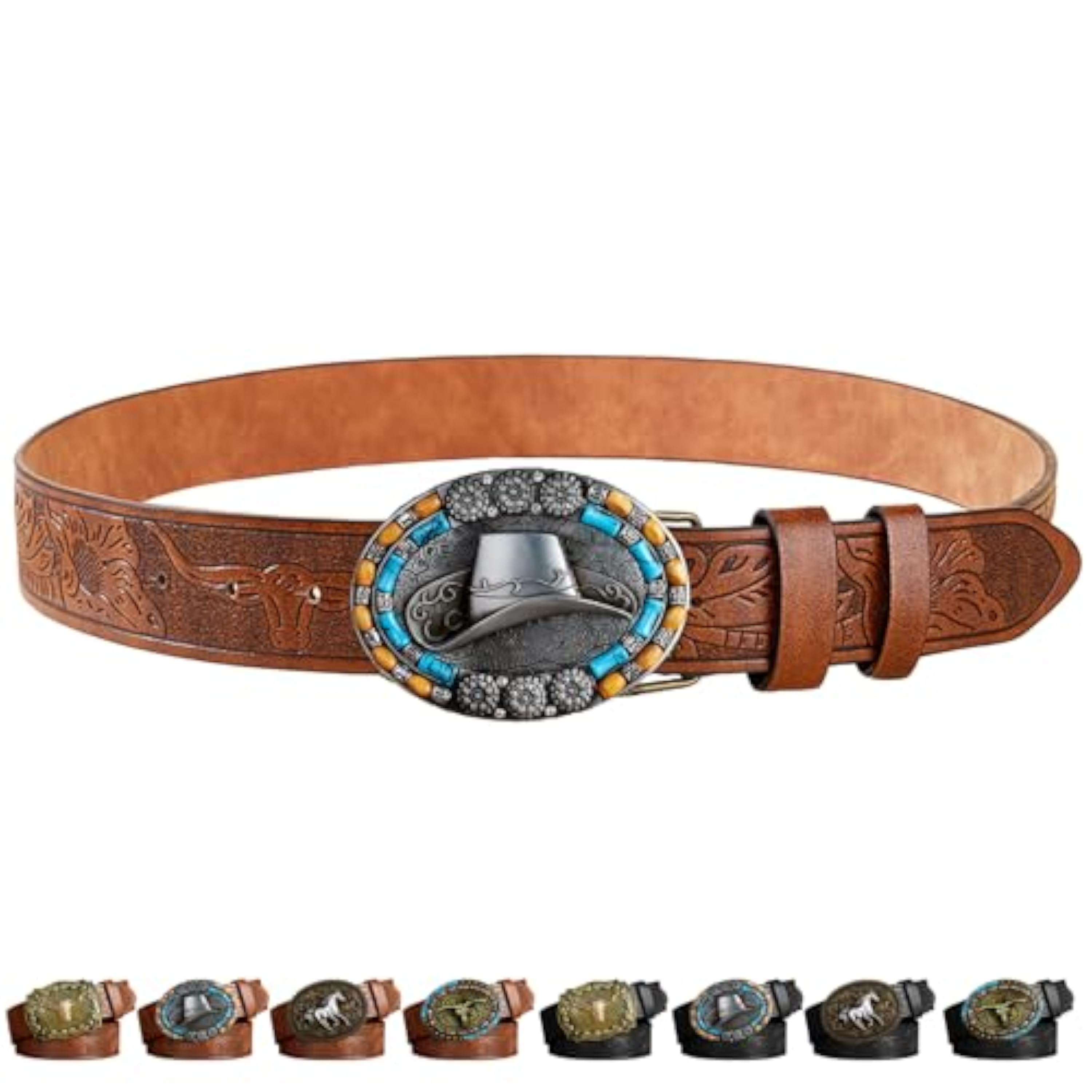 AUNGKWANG Cinturón de Hebilla de Vaquero de Cuero Occidental para Hombres Mujeres, Cinturones Hombre Cuero Western Cinturón, Cinturónes de Vaquero, Decoración de Halloween