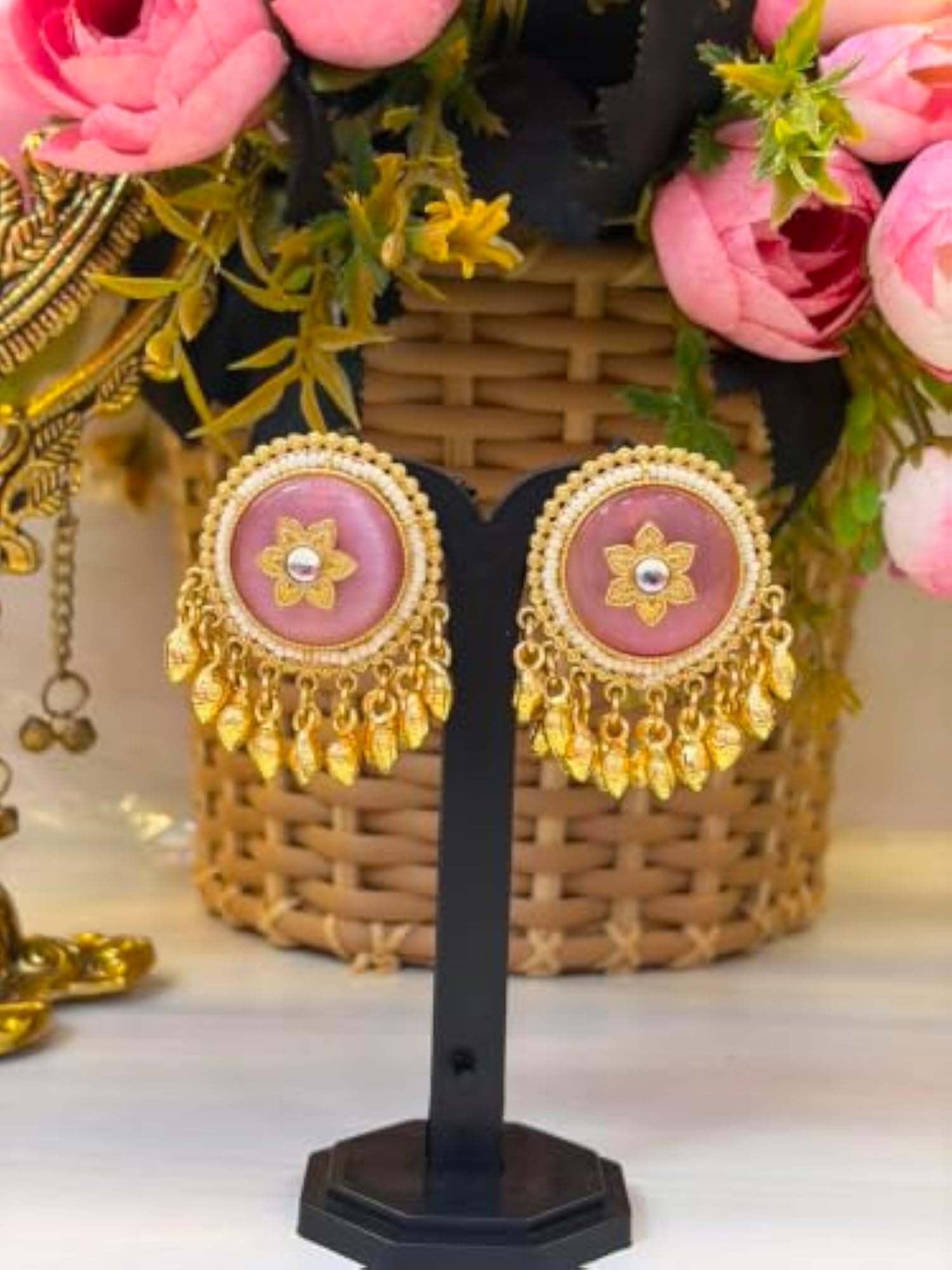 Women's Traditional Kundan Meenakari Chandbali Earrings, Handmade