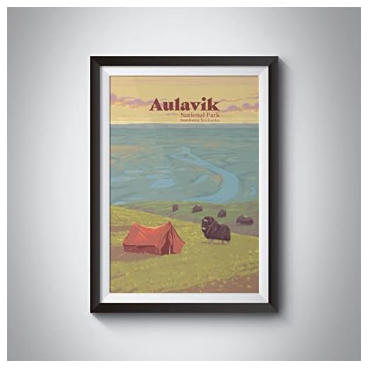 Aulavik nationalpark affisch, Kanada, nordvästra territorierna, bankön, Thomsen River, Wild Camping, Mysk Ox, vintage resetryck, gåva