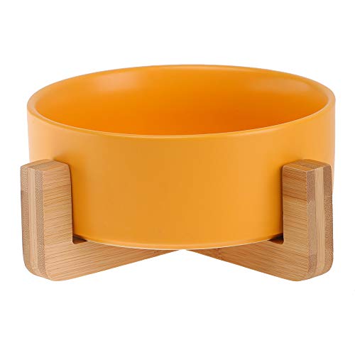 HCHLQLZ Yellow Ceramic Dog Bowl Feeding Bowl for Dogs Cats with Solid Wood Stand