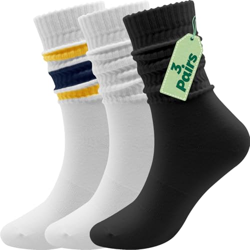 CASOMS 3 Pairs Solid Color Slouch Crew Socks for Women Cotton Blend,Thin Women's Crew Socks Size 5-9,Fashion Retro Soft Cozy Everyday Casual Solid Color Scrunch Boot Chunky Ribbed Gifts for Women