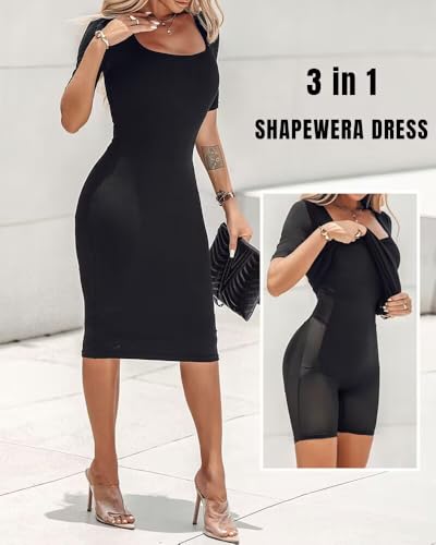 Women Shapewear Dress with Built-in Removable Pads Rib-Knit Square Neck Bodycon Midi Dress Cocktail Party Dress4