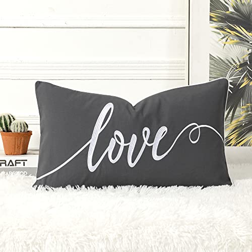 Sanmetex Decorative Throw Pillow Covers 12X20 Inches, Embroidery Love Decro Soft Cotton Lumbar Pillowcase, Dark Gray Rectangular Pillow Cover For Bed, Bedroom, Pack Of 1. #TOP1