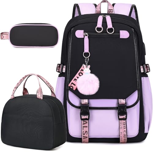 Bevalsa Backpack with Lunch Bag Bookbag Set for Girls Kids Middle High School College Student 21L Casual Daypack Children Schoolbag Bookbag with USB Charging Port (Purple)