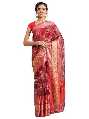 PTIEPL BANARASI SILK WORKS HANDWOVEN MAGENTA & PINK RAJKOT PATOLA ART SILK KANCHI IKKAT PATTU BORDER WITH PINK