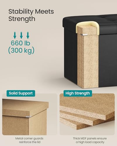 Image of SONGMICS MAZIE Collection - 30 Inches Folding Storage Ottoman Bench, Ottoman with Storage, Foot Rest Stool, Load 660 lb, for Living Room, Synthetic Leather, Black ULSF105