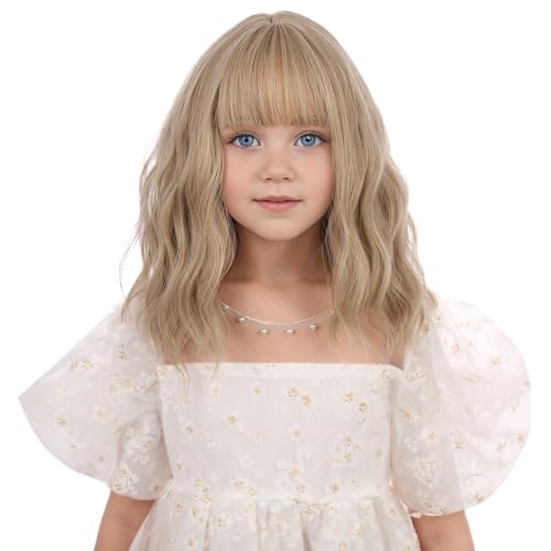 DUDUWIG Girls Ash Blonde Wig Kids Short Blond Wavy Curly Wig Blonde Wig with Air Bangs for Children Heat Resistant Synthetic Wig with Wig Cap