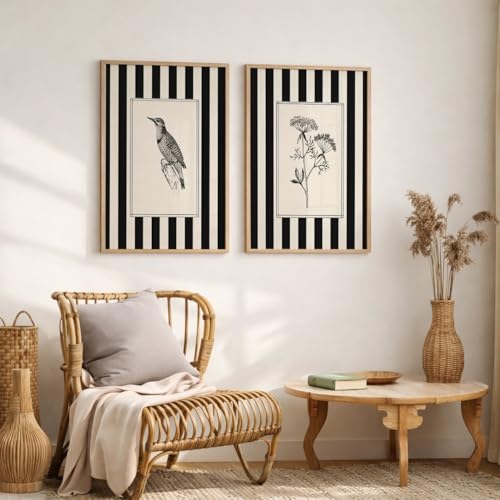 Image of TheMakerly Set of 2 Minimalist Black & White Framed Wall Painting for Living Room | Modern Botanical & Bird Illustration Wall Art | Aesthetic Striped Wall Decor Frames for Bedroom, Office & Hall (M.2, 13x19 inches)