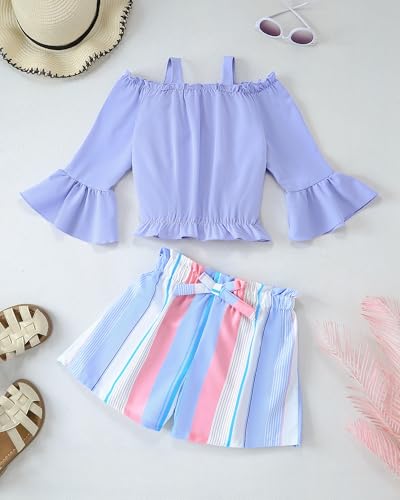 Image of Weebaby Girls Clothes 2 Piece Outfits Cute Kid Clothes Crop Top Paperbag Waist Shorts Set Summer Clothes for Tween Girls