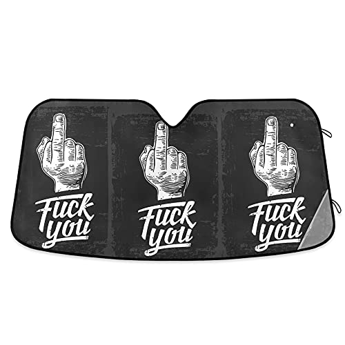 YYZZH Middle Finger Sign Fuck You Print Car Windshield Sun Shade Block UV Rays Sun Visor Protector Accordion Folding Sunshade Keep Vehicle Cool and Damage Free