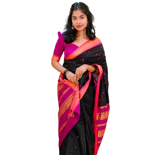 Image of DHIHA Gadwal Cotton Saree for Women | Pure Kalyani Cotton Saree with Zari Border Tassels & Blouse | Kanjivaram Linen Silk | Handloom Weave