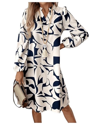 SweatyRocks Women's Geometric Pattern Printed V Neck Dress Collar Lantern Long Sleeve Casual Dresses