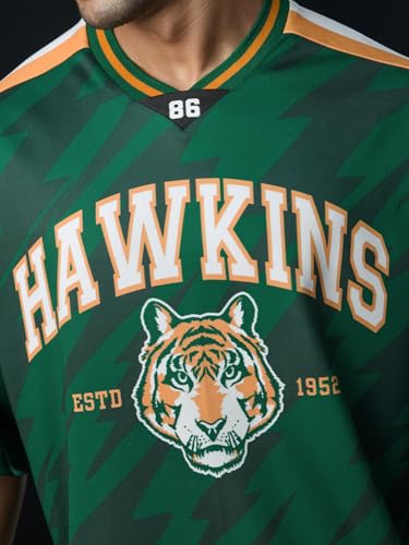 Image of The Souled Store Stranger Things: Hawkins Tigers Men and Boys Short Sleeves V-Neck Dark Green Graphic Printed Easy Dry Polyester Sporty Varsity Oversized Jerseys