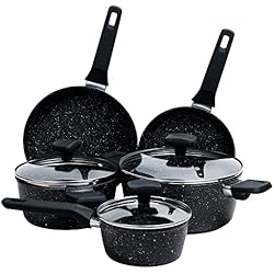 Sartenes Hogar La Moustache - Batería de Cocina de 8 Piezas Antiadherentes, Aluminio con Capas de Titanio, 3 Ollas con 3 Tapas de Vidrio Templado y 2 Sartenes para Todas las Cocinas, Incluso Inducción (Onix)