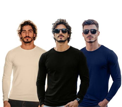 Image of Veirdo Pure Cotton Round Neck Regular Fit Solid Full Sleeve T-Shirt Pack of 3 Combo for Men (Colors: Swanwhite, Green, Navy, Black, Cork, White & Maroon)