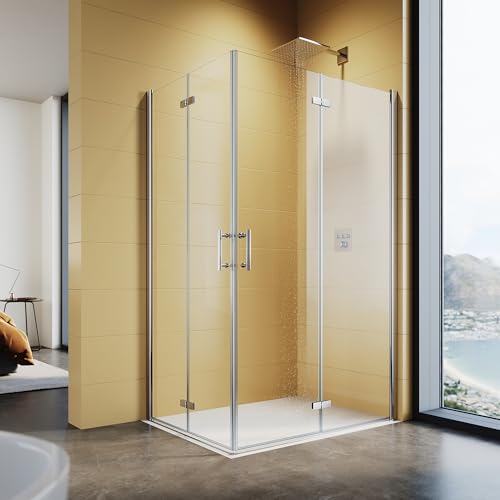 SUNXURY Cabina de ducha de 80 x 100 cm con bandeja de ducha SMC, entrada esquinera, puerta plegable de 180º, doble puerta giratoria de 6 mm de cristal templado nano