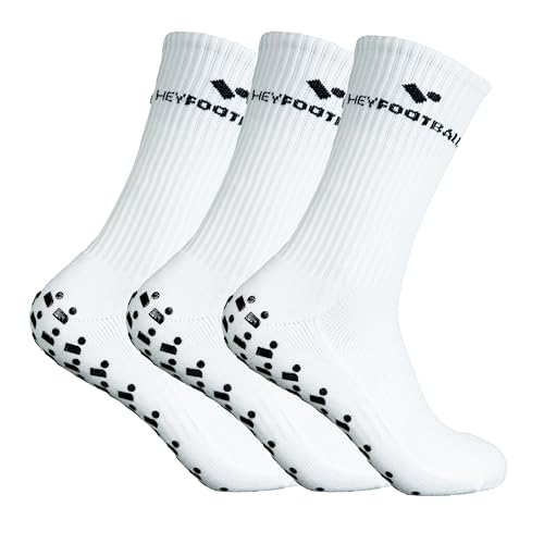 HEYFOOTBALL - Premium Fußballsocken - 3 Paar - Weiß - Größe 39-46 - Rutschfeste Fußball Socken, Atmungsaktive Grip Sportsocken, Anti-Rutsch Fussball Socken