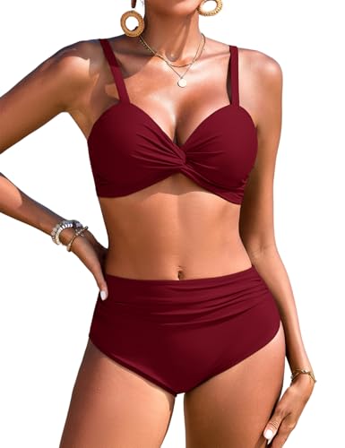 Vijamiy Maillot de Bain Femme 2 Pieces Taille Haute Ventre Plat Deux Bikini Pièces Sexy Col en V Push Up Sangle Réglable des Bikinis élégants Piscine de Plage(Bordeaux,S)