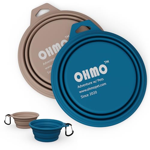OHMO Ciotola portatile per cani, (set di 2, 400 ml, blu e beige) ciotole in silicone per gatti e cani, ciotola acqua cane portatile ciotole da viaggio pieghevoli portatili
