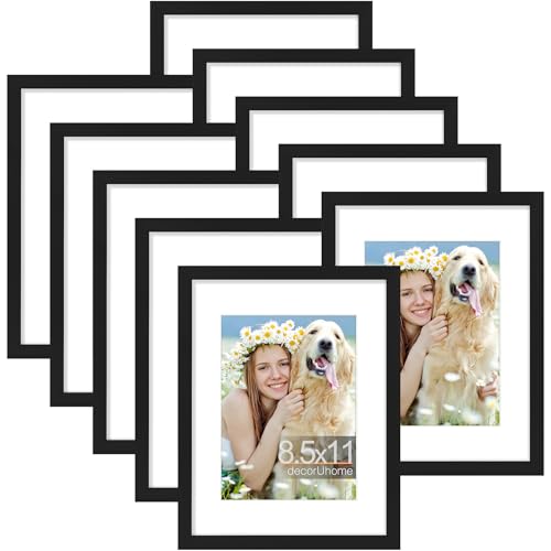 decorUhome 8.5 by 11 Picture Frame Set of 10, Display Photos 6x8 with Mat or 8.5x11 Unmatted for Picture Frames Collage Wall Decor, Black