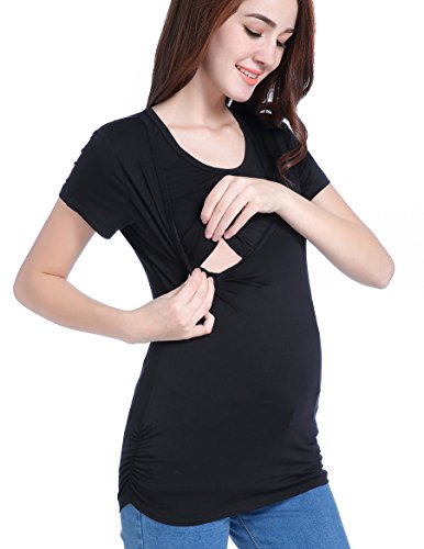 Suiek Maternity Nursing Tank Tops Breastfeeding Tee Shirt Cami Pregnancy Clothes (Medium, C-Black (Short Sleeve)) #TOP1