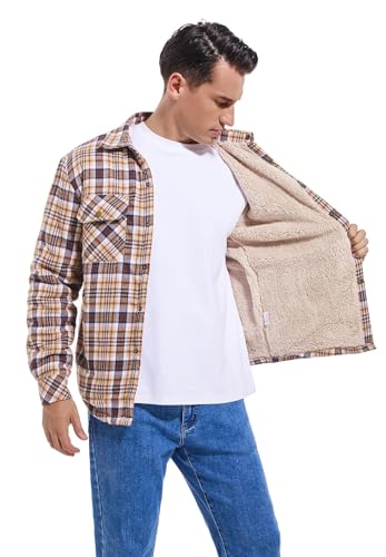 Image of Men's Sherpa Cotton Flannel Shirt Jacket Plaid Button Coat Pocket