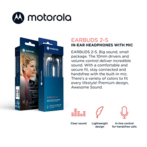 Image of Motorola Wired Earbuds with Microphone - Earbuds 2-S Corded in-Ear Headphones, Control Button for Calls /Music, Comfortable Lightweight Silicone Ear Buds, Clear Bass Sound, Noise Isolation - White