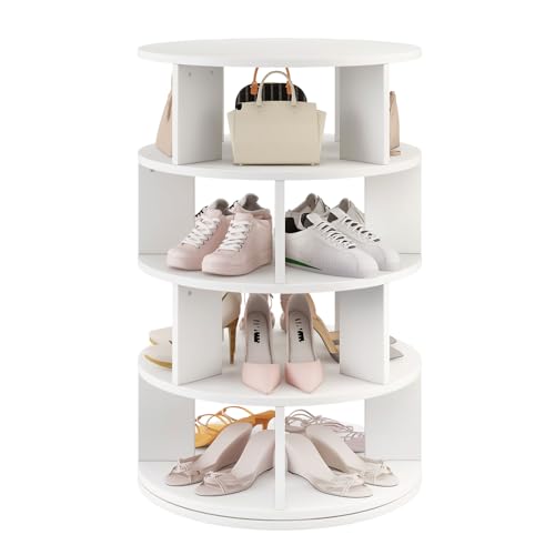 IBUYKE Scarpiera Rotante a 4 Ripiani, Scarpiera Girevole a 360° per 16 Paia di Scarpe, Organizer Verticale Rotondo per Scarpe e Borse per Armadio Ingresso Soggiorno Camera da Letto, Bianco WSR004W