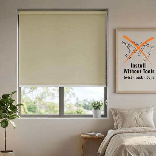 Image of HIPPO No Drill Blackout Blinds for Windows | No Tools, Light & Heat Blocking Blinds, UV Protection, Smooth Chain, Inside Mount, Ideal for Sun Exposed Areas (Euro-Beige, 4FTX5FT)